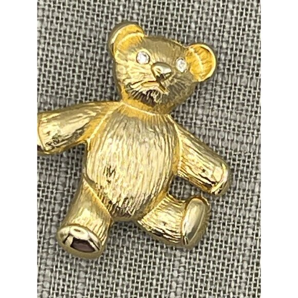 Teddy Bear Brooch Gold Tone Clear Rhinestone Eyes 2" - Picture 3 of 9
